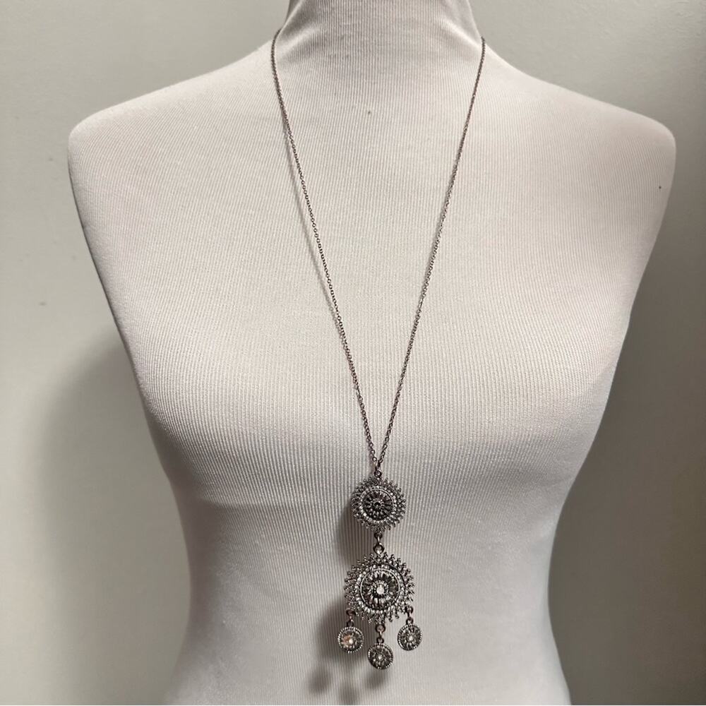 Vintage Inspired Silver Tone Long Round Medallion Pendant Necklace